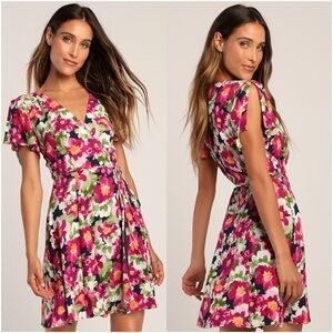 LULU’S Harbor Point Magenta Multi Floral Print Wrap Dress